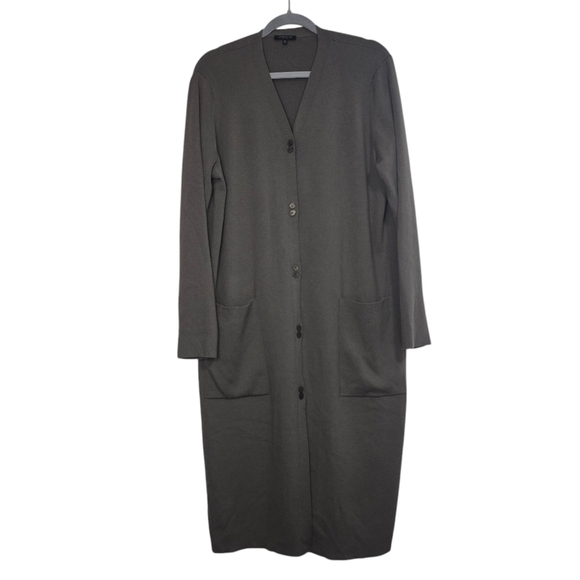 Lafayette 148 ribbed vneck wool duster Cardigan Taupe Patch Pockets Neutral - Picture 1 of 9